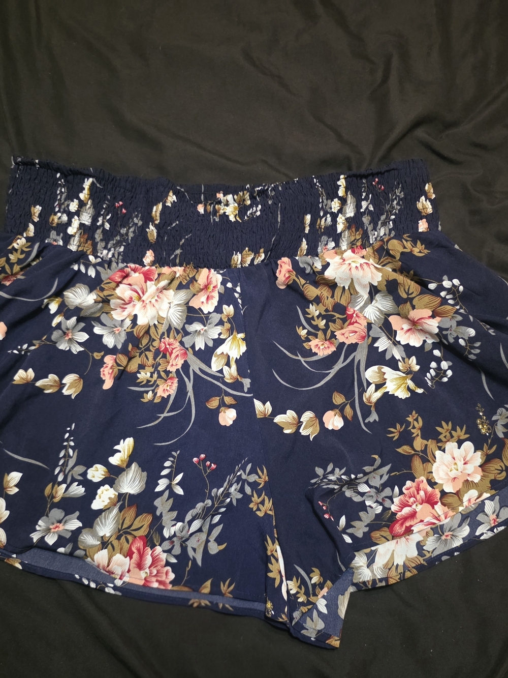 SHEIN Navy Floral Smocked High Waist Shorts with Pink & Cream Blooms